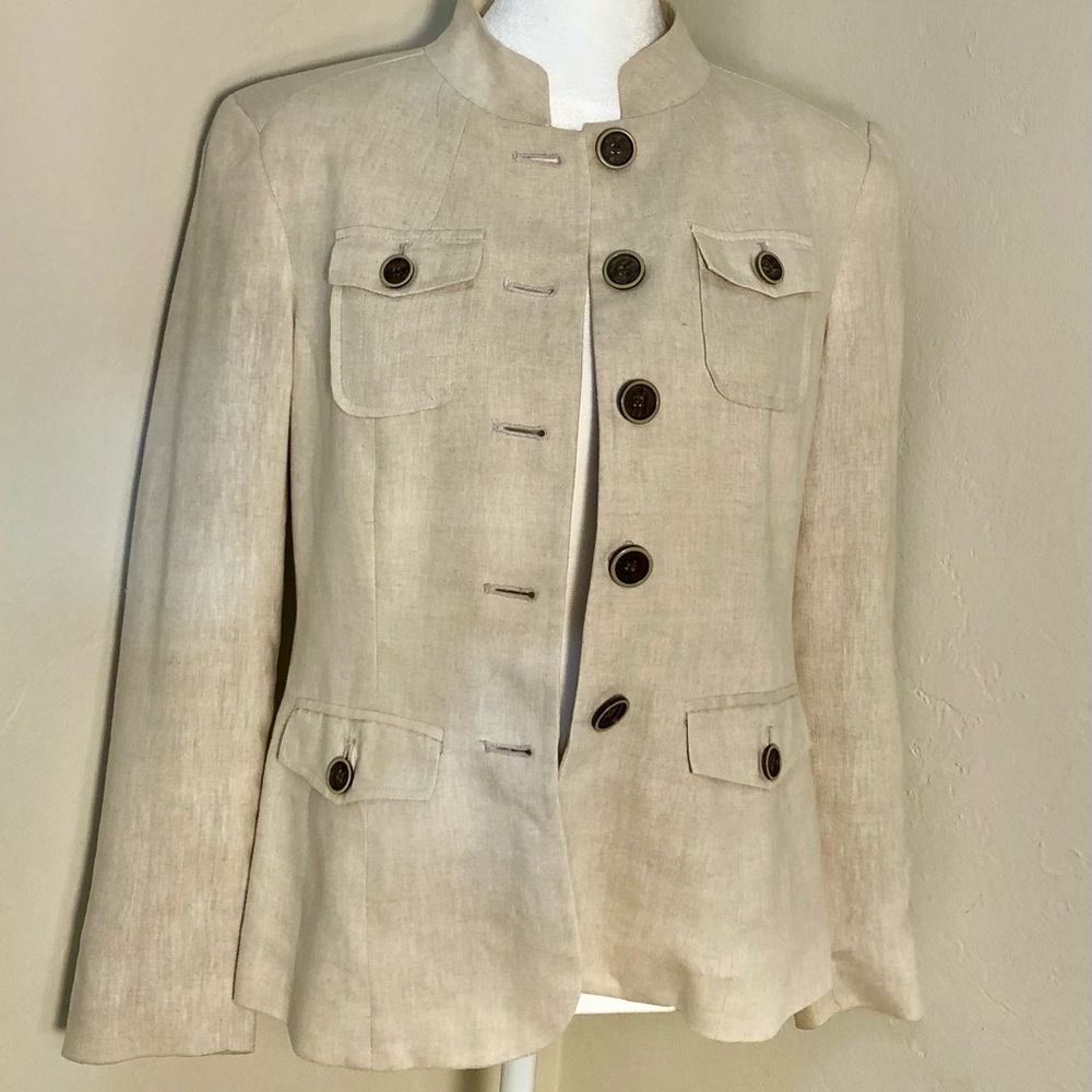 STYLE & CO Linen Blazer Lined Beige Tan Button-Front Women’s 2 petite